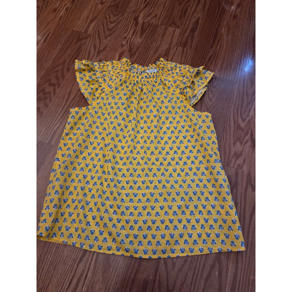 J.‎ Crew Yellow Blue Floral Flutter Sleeve Ruffle Neck Blouse Top Women's Small